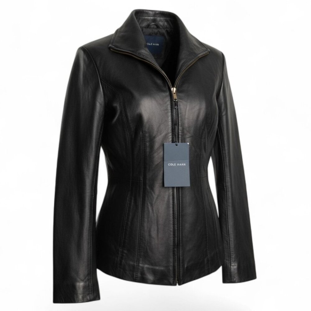 Cole Haan Women S Black 100% Lambskin Leather Wing Collar Moto Jacket Full Zip